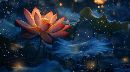 Canvas Print - Illuminated lotus flower blooming at night among large leaves and fireflies.