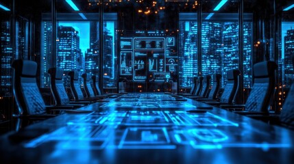Wall Mural - futuristic conference room with holographic table and city view.