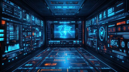 Wall Mural - futuristic control room with holographic world map and digital interfaces.