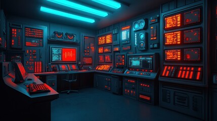 Wall Mural - futuristic control room with red and blue neon lights, various technological screens and consoles.