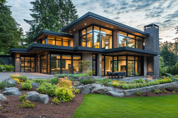 Modern luxury home with glass facade in lush greenery at dusk