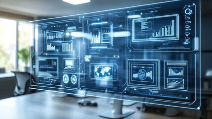 Wall Mural - futuristic digital dashboard displaying data analytics and global network on a monitor in modern off
