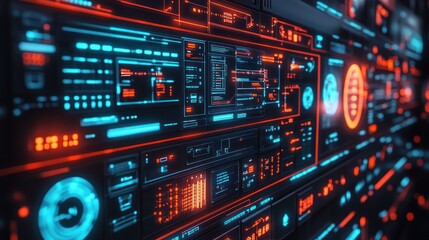 Wall Mural - futuristic digital interface with glowing red and blue hud elements.