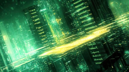 Canvas Print - futuristic green city with bright lights.