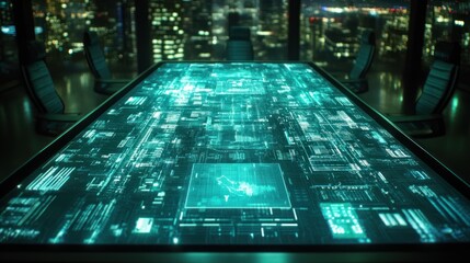 Wall Mural - futuristic high-tech conference table with holographic display in a modern skyscraper at night.