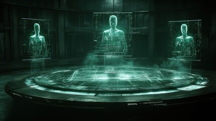 Wall Mural - futuristic holographic human figures displayed on a circular platform in a dark, industrial setting.