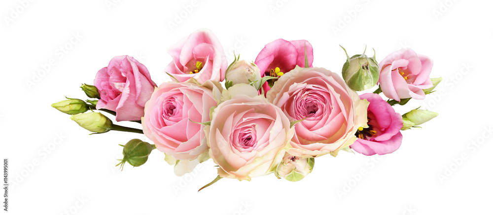 Pink rose and eustoma flowers in a line floral arrangement isolated on ...