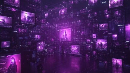 Wall Mural - futuristic purple digital screens surround two figures in a dark room.