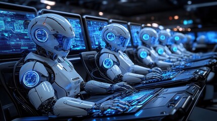 Canvas Print - futuristic robots working at computer consoles in a dark room.