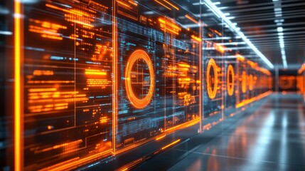 Wall Mural - futuristic server room with glowing orange digital displays showing data streams and processing info