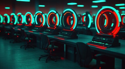 Wall Mural - futuristic server room with glowing red and cyan circular displays on each workstation.