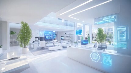 Wall Mural - futuristic smart home interior with holographic displays and modern furniture.
