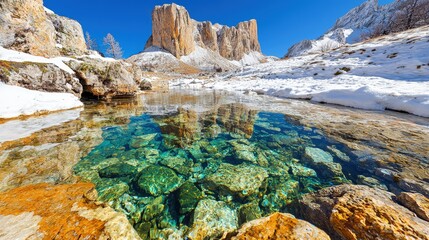 Canvas Print - Crystal-clear alpine lake reflecting snow-capped peaks in winter.