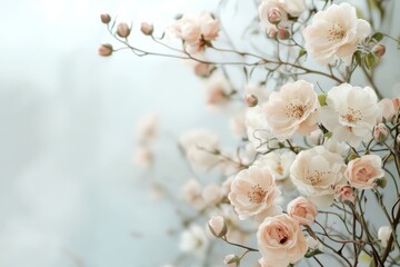 Wall Mural - Soft pink roses bloom gracefully in a serene setting with delicate branches and muted tones in the background