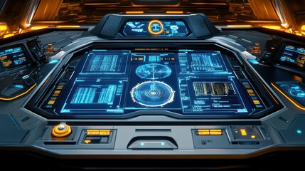 Wall Mural - futuristic spaceship control panel with glowing blue digital displays and orange accents.