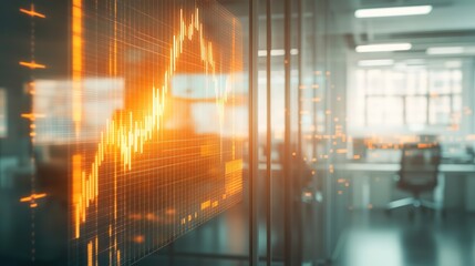 Wall Mural - glowing graph of financial transactions displayed on monitor screen with blurred office backdrop