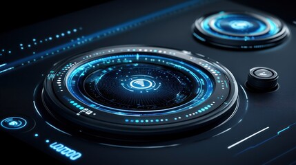 Canvas Print - futuristic technology interface with glowing blue circular elements and digital display.