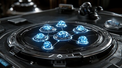 Wall Mural - futuristic technology interface with glowing nodes connected in a network.