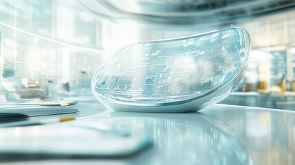 Wall Mural - futuristic transparent device on a lab table displaying data.