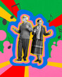 © master1305 - Happy senior couple cheerfully dancing against abstract colorful background. Contemporary art collage. Concept of music, party, active elderly lifestyle, health care, wellness. Pop art