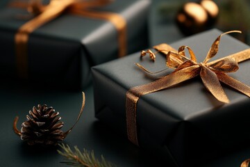 Wall Mural - Elegant black gift boxes wrapped in gold ribbon and adorned with pine cones for a festive occasion