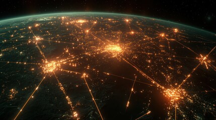 Wall Mural - global network connections at night, illuminated cities and lines representing data transfer.