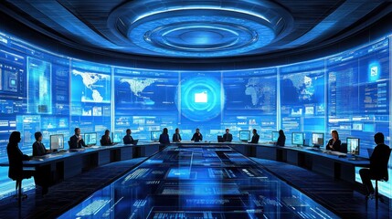 Wall Mural - global network control center with team monitoring data on large screens.
