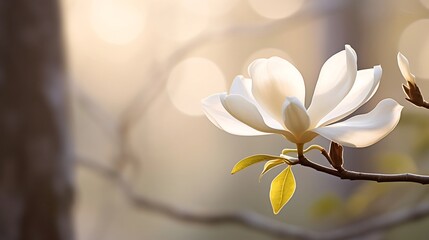 Wall Mural - Closeup of a single magnolia flower in full bloom on a slender tree branch with a soft dreamy focus that captures the delicate and romantic essence of this beautiful springtime blossom