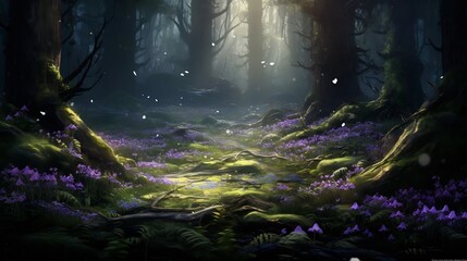 Poster - Lush verdant forest clearing blanketed in a carpet of delicate violet wildflowers sprawling across the serene mossy ground  Idyllic natural landscape with a tranquil peaceful ambiance