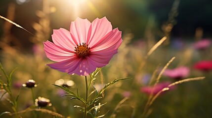 Wall Mural - A vibrant cosmos flower glowing in the warm golden light of a sunlit meadow its delicate petals radiating a serene and natural beauty