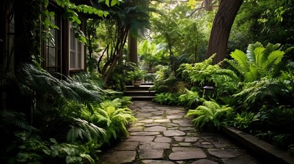 Poster - Lush green garden path lined with ferns and shade loving plants under the canopy of tall trees creating a serene and peaceful natural setting for exploring and relaxing