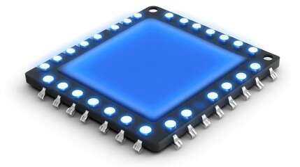 Wall Mural - glowing blue microchip with pins, isolated on white background.