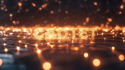 Wall Mural - glowing 'cacist' text on dark, network background.