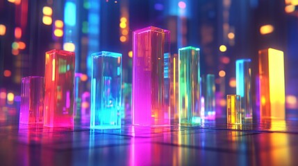 Wall Mural - glowing colorful crystal bars on reflective surface, abstract background.