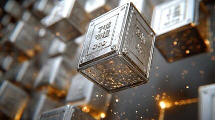 Wall Mural - glowing metallic cubes levitate, sparkling particles drift.