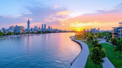 Canvas Print - Panoramic sunset view of city skyline across calm water, park path.