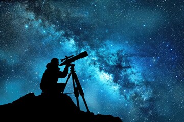 Wall Mural - telescope sky. astro adventure: man watching stars in silhouette against milky way galaxy