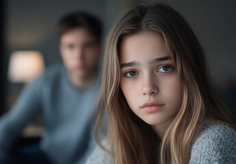 Expressive teenage girl looking contemplative while a boy sits in the background in a dimly lit room