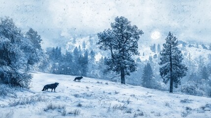 Wall Mural - two wolves standing in a snowy landscape under a blizzard, with snow-covered trees and a full moon i
