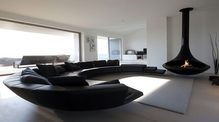 Wall Mural - monochrome living room with a black modular sofa, white walls, and a sleek led fireplace for a drama