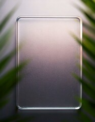 Wall Mural - Minimalist frosted glass panel with soft lighting, surrounded by blurred green leaves, creating a modern and natural design aesthetic.