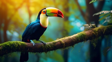 Poster - Vibrant Toucan with Striking Beak Resting on Tree Branch in Verdant Rainforest Canopy  Exotic Bird Dwelling in Diverse Tropical Ecosystem