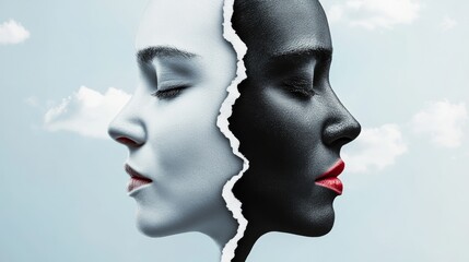 Wall Mural - two faces, one white and one black, with red lips. the white face is smiling and the black face is f