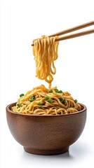 Wall Mural - a photostock of steaming noodles coated in sauce with chopsticks lifting a serving, isolated on a cl