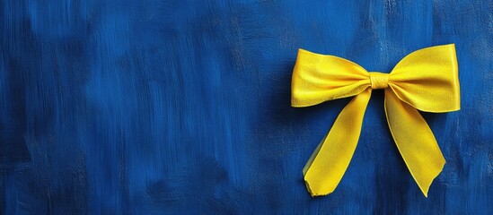 Wall Mural - Yellow bow gift box on blue backdrop aerial view with ample copy space for presentation or promotional purposes