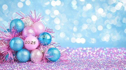 Wall Mural - Pastel pink and blue Christmas ornaments arranged in a pile on a sparkly surface with a 2025 bauble.