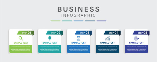 Wall Mural - 5 process infographic labels with icons design template. planning, marketing, strategy and business 