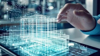 Digital Architecture: A close-up shot of a hand interacting with a 3D model of a building on a tablet, surrounded by intricate code and data visualizations. The image evokes a sense of innovation.