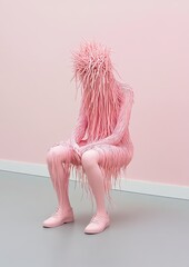 Poster - Pink figure in a fluffy costume sits on a floor against a pink wall.