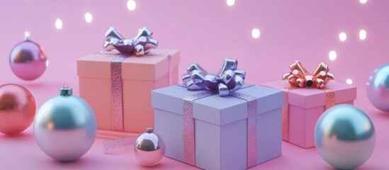 Aufkleber - Festive holiday arrangement featuring colorful gift boxes and shiny ornaments for New Year and Christmas celebrations.